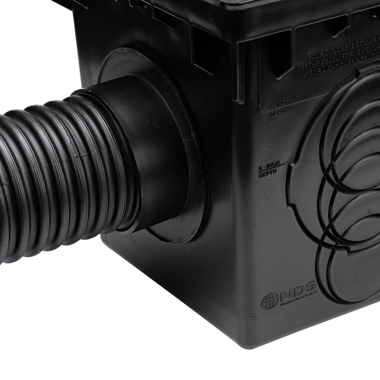 The NDS Internal Spigot Outlet Adapter (NDS 1242) on a 12 in. Catch Basin Drain (NDS 1200) connected to a 4 in. corrugated pipe