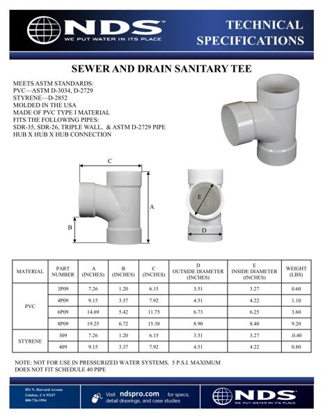 NDS S&D Sanitary Tees Tech Spec