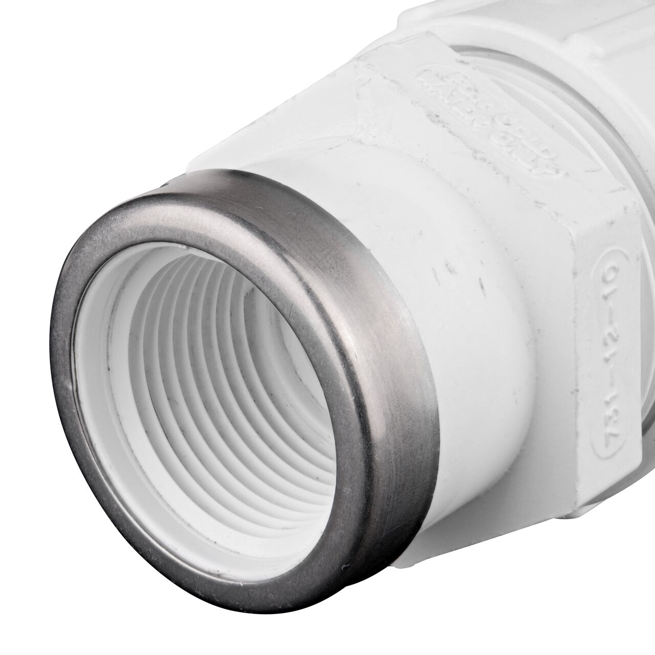 Closeup of the Threaded IPS FPT connection end on the NDS 1 in. SDR-9 CTS X 1 1/4 in. FPT Flo-Lock™ Gripper Adapter (NDS 731-12-10)