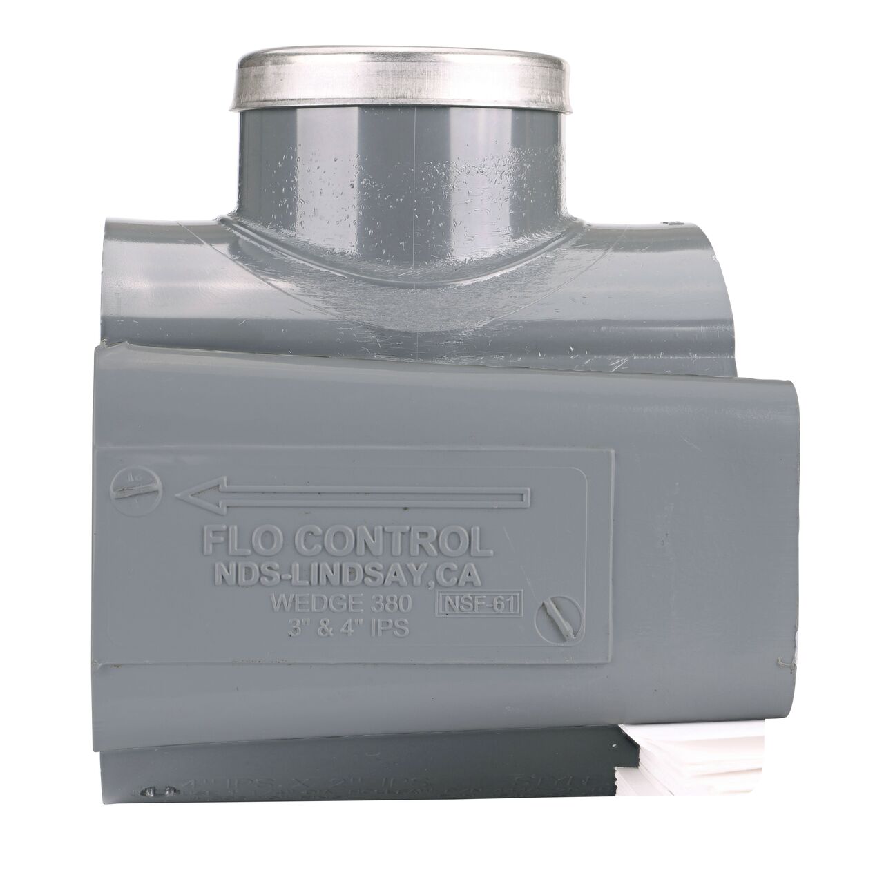 Side view showing patented wedge design in locked position on the NDS Clamp-It™ Rigid PVC Saddle with 2 in. FPT connection on top (NDS 444020) for 4 in. PVC pipe