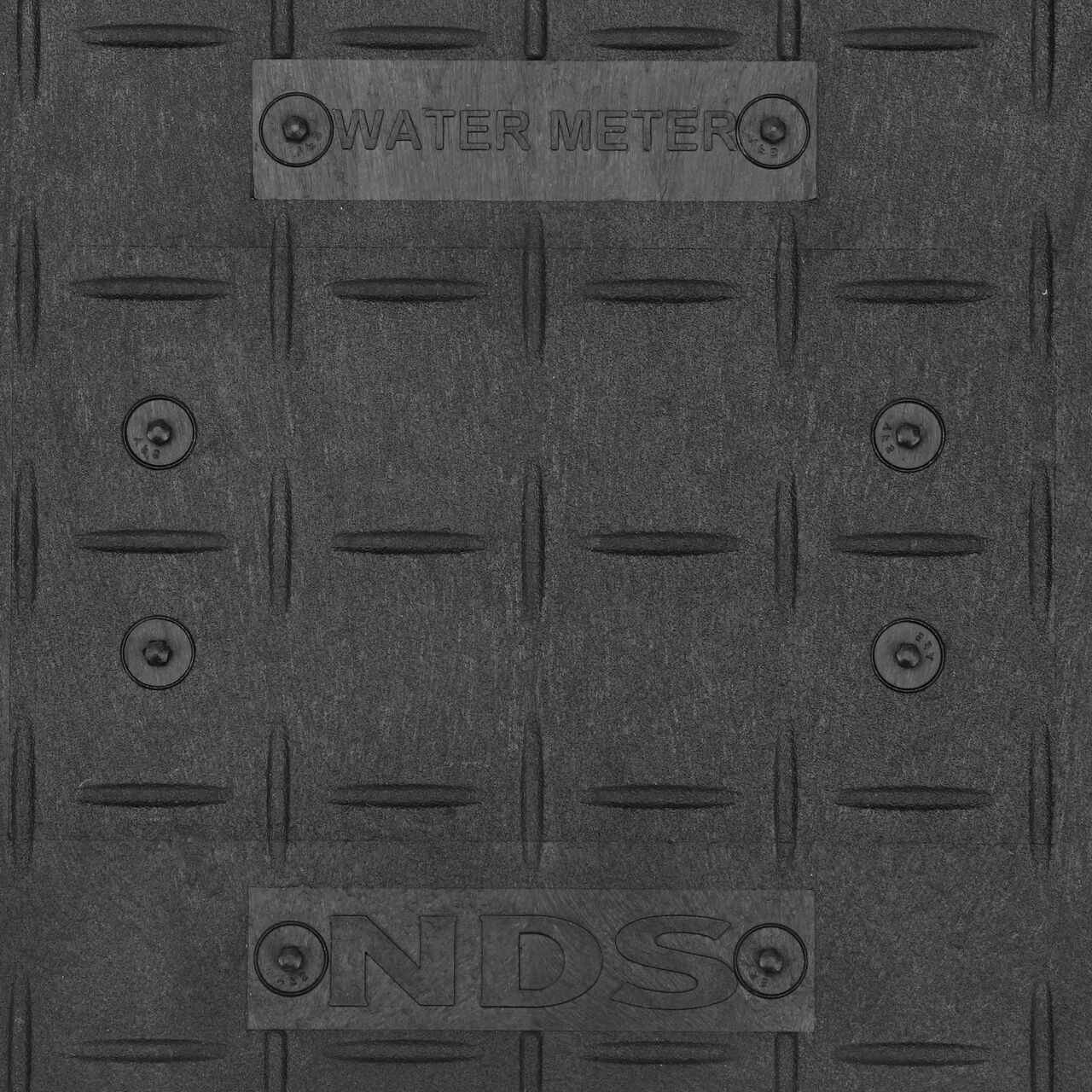 Closeup view of the Water markings on the Black Water Drop-in cover for the NDS 10 in. X 15 in. Rectangular Standard Series Meter Cover (NDS D1000-SBL)