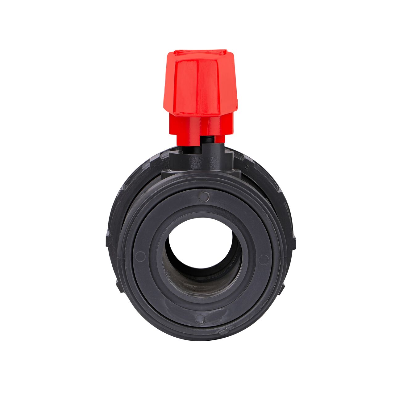 The The 1-1/4 in. PVC Slip & Threaded True Union Ball Valve shown with the connection end removed and with the handle in the open position to allow water to convey through the pipe.
