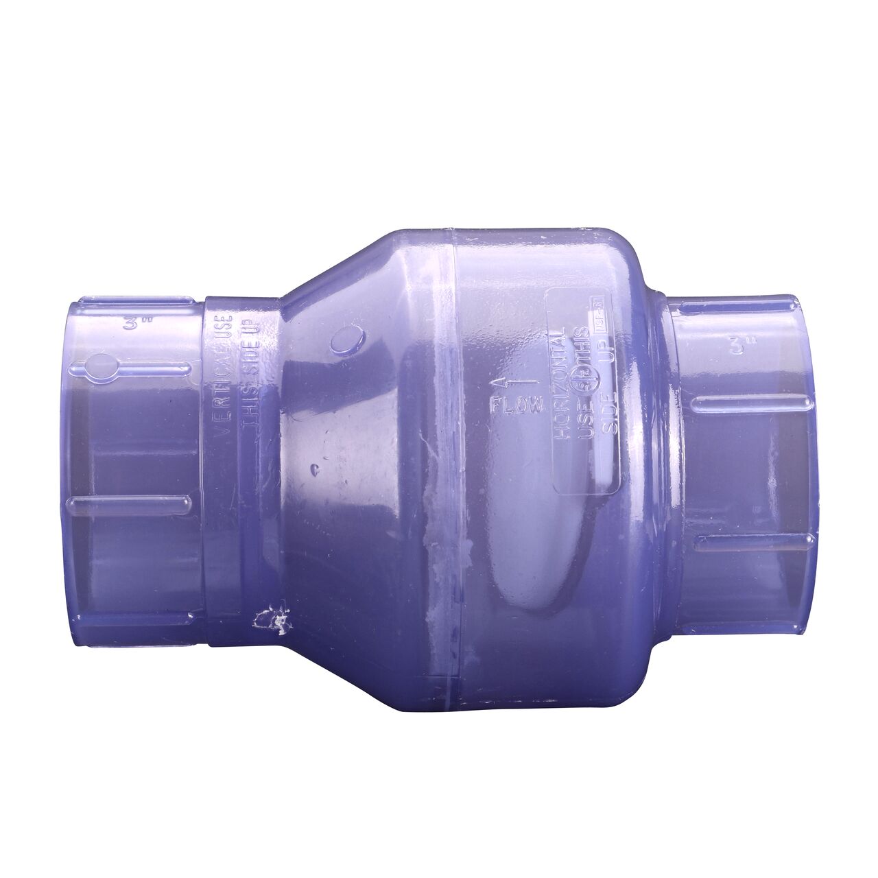 Side to side view of the NDS Clear 3 in. slip end by slip end PVC Swing Check Valve (NDS 1520C30) which prevents backflow in pipelines
