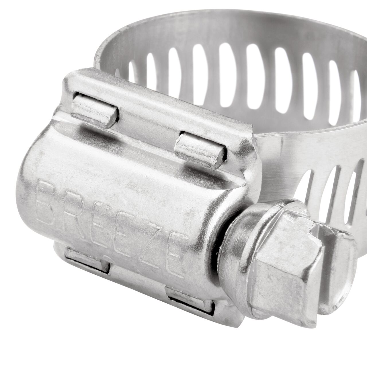 Closeup view of the NDS SAE 8 Worm Drive Hose Clamp with Aero Seal 1/2 in. band width (NDS 64008H) with a 5/16 in. 410 Stainless Steel hex screw; tighten to 30-45 in. lbs. torque to close