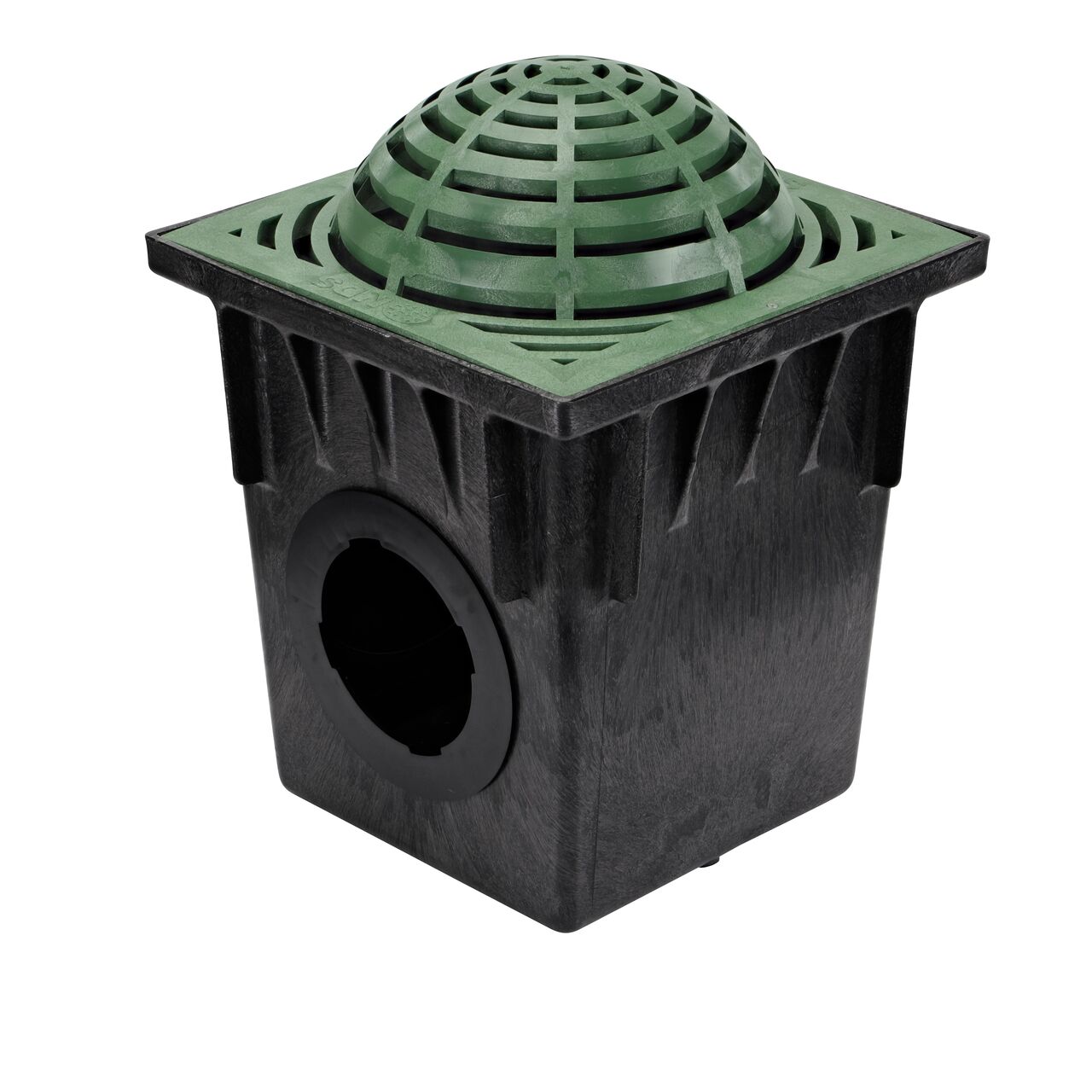 Green 18 in. Square Atrium Catch Basin Drain Grate (NDS 1891) installed on a NDS 18 in. Square Catch Basin (NDS 1882)