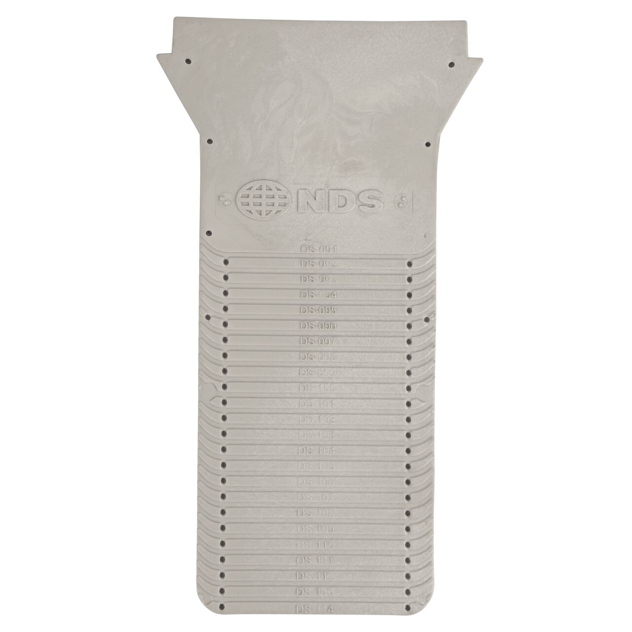 The NDS Dura Slope End Cap (NDS DS-224) includes lines by channel size for custom fit after cutting off at the identified line