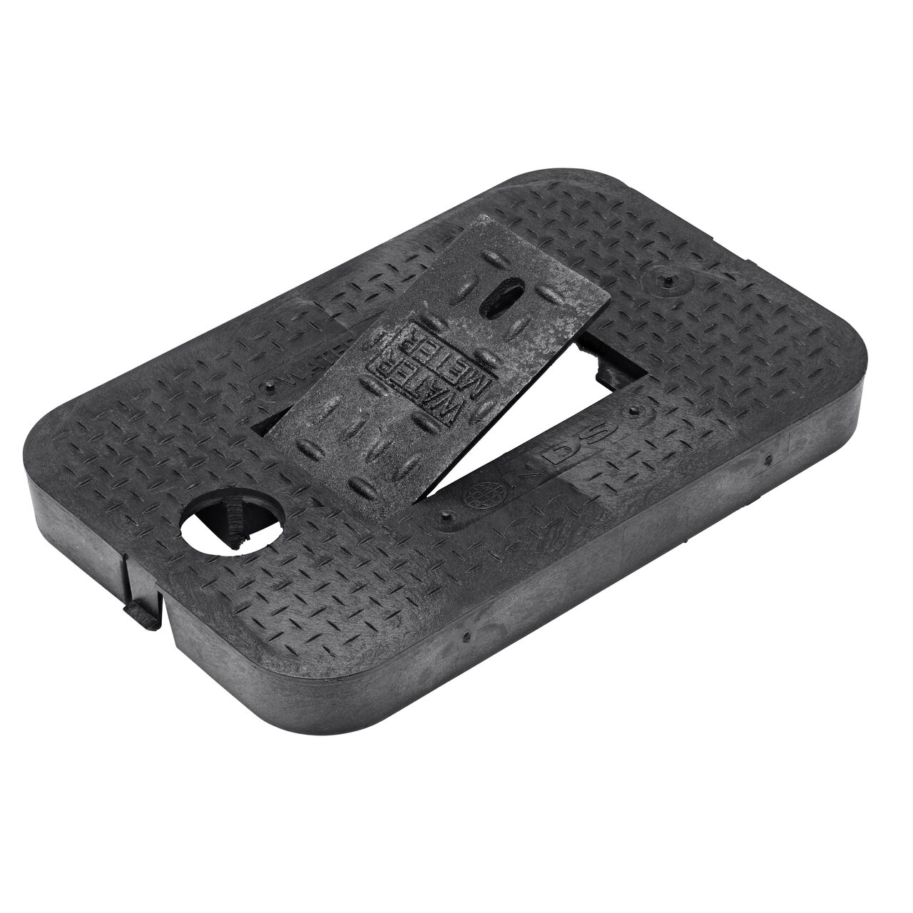 The hinged side of the cast iron reader door on the NDS 14 in. X 19 in. Rectangular Standard Series Cast Iron Water Meter Cover (NDS D1200-DICIRTRL)