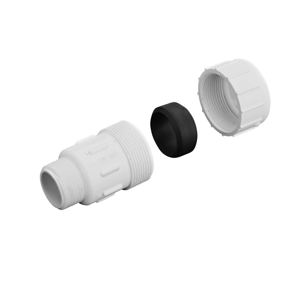 The PVC Compression Adapter 1-1/4 in. IPS UC X 1-1/4 in. IPS MPT unassembled showing that the adapter comes with adjustable nut for corrosion-free connection and reduces pull-out from pipes (NDS CPA-1250)