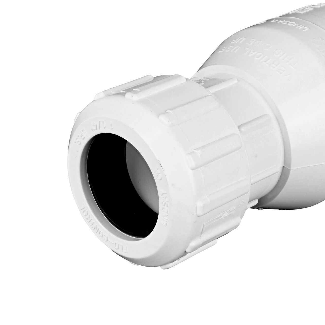 Closeup of outlet compression end of the NDS White 1-1/4 in. PVC Compression Swing Check Valve (NDS 1500-12)