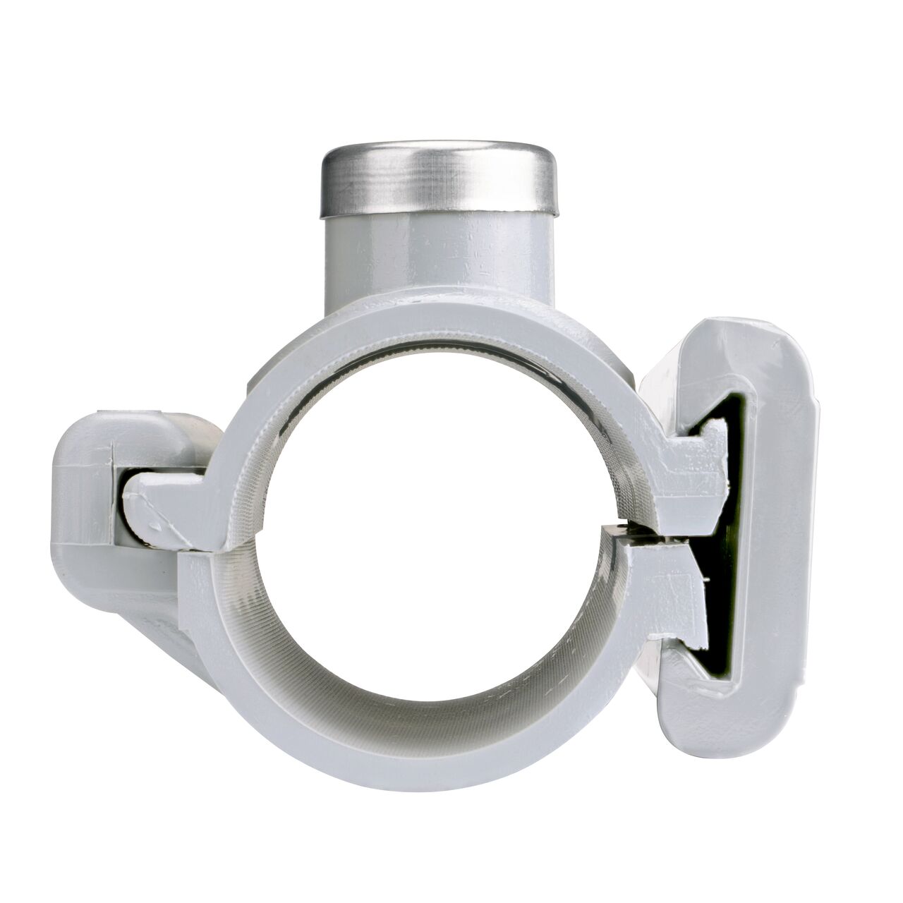 Front facing view of the NDS Clamp-It™ Rigid PVC Saddle with 3/4 in. FPT connection on top (NDS 422007) for 2 in. PVC pipe showing both the wedge and hinge sides