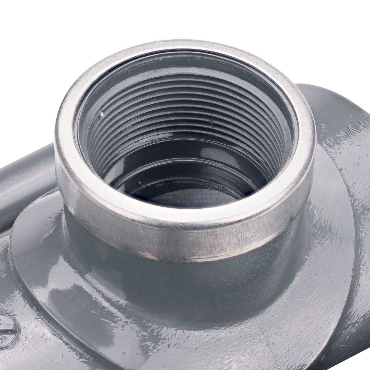 Closeup of the 2 in. slip connection on the NDS Clamp-It™ Rigid PVC Saddle (NDS 453020) for 3 in. PVC pipe