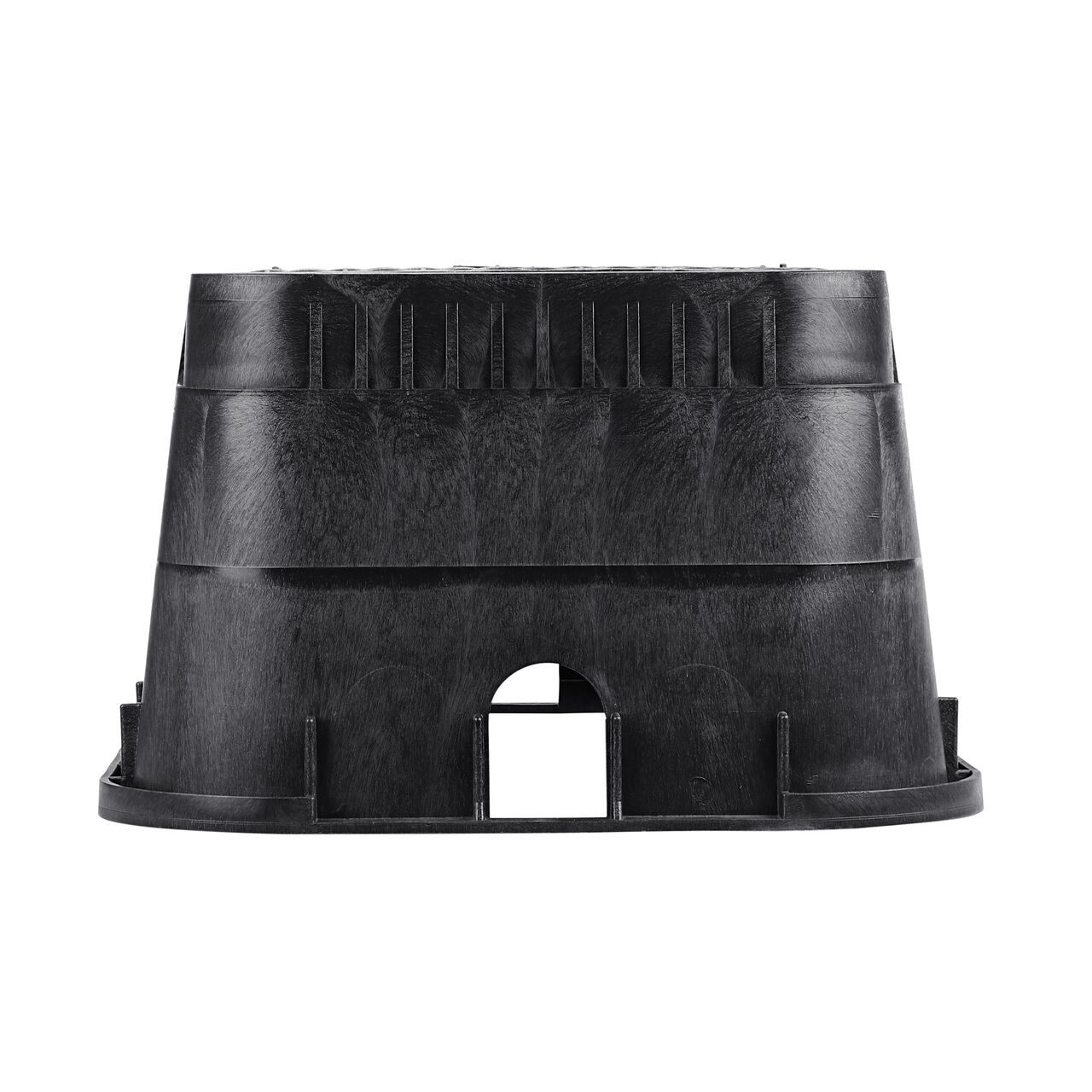 Side view of the shorter width side of the NDS 13 in. X 20 in. Rectangular Standard Series Valve Box & Water Meter Cover (NDS D1500-DISBTR) rugged enclosure that features a pipe hole for water and irrigation pipe connections