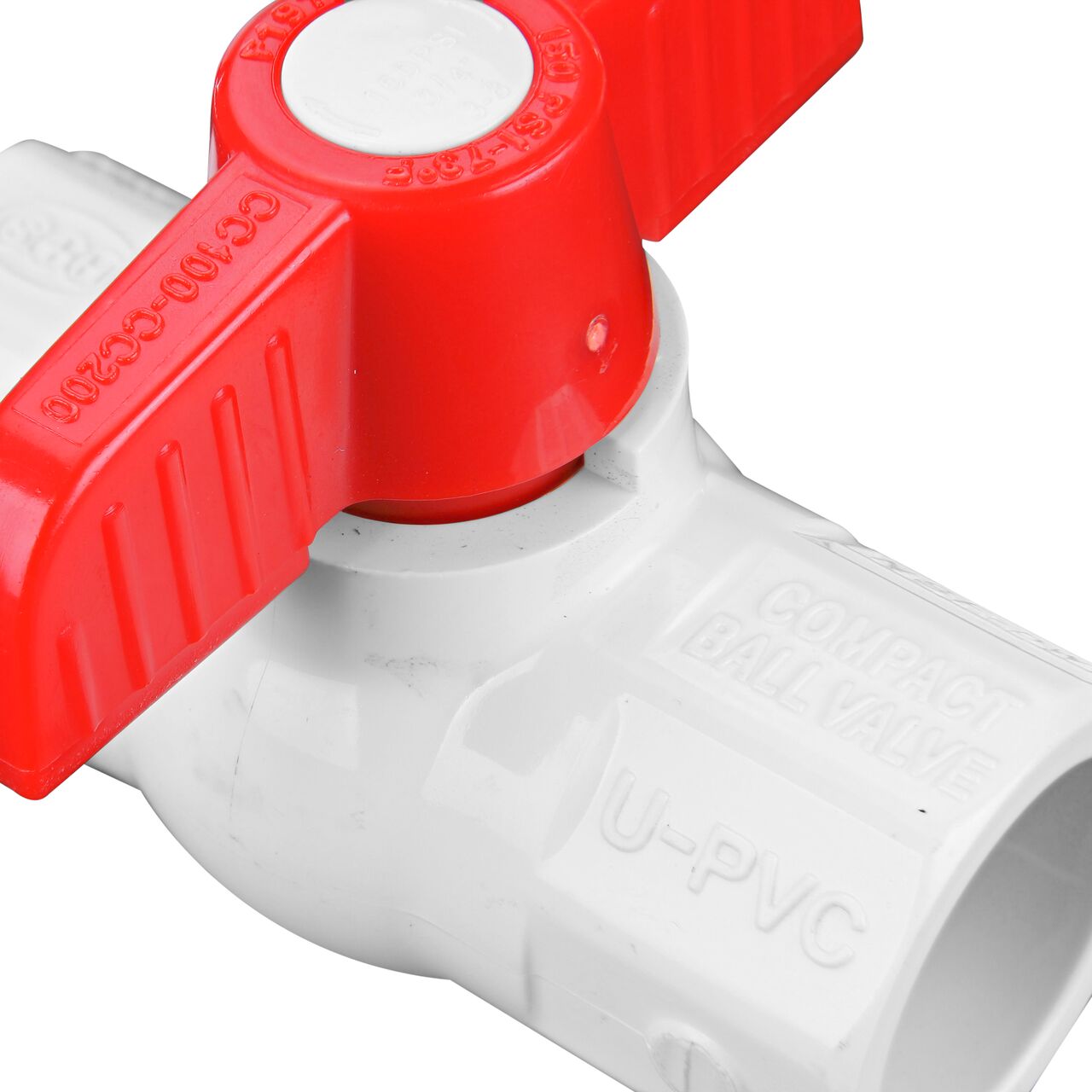 A closeup of the NDS IPS Ball Valve shows that the product can fits 3/4 in. IPS pipes in an irrigation or other pressurized system  (NDS E1410-07)