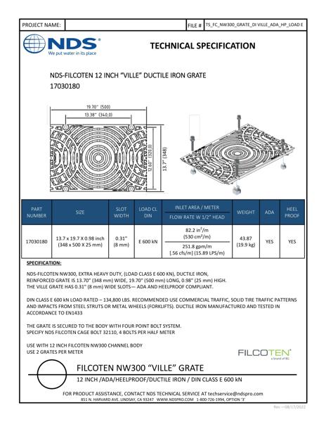 NDS BG-FILCOTEN® 300 Trench Drain Grate Decorative Ville Slot Design Ductile Iron Tech Spec
