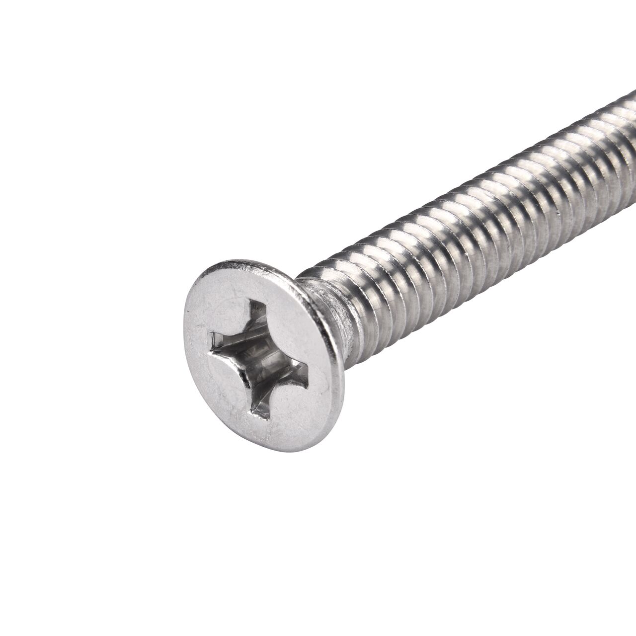 Closeup of the flat head end on the 1/4 inch X 2-1/2 inch long flat head style Phillips Screw (NDS DS-225) which secures Dura Slope® Drainage Grates to the Dura Slope DS-200H ductile iron frames keeping grates in place to block debris from entering the drainage system