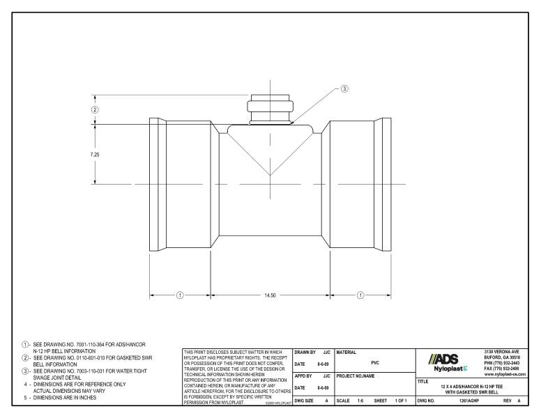 12 x 4 HP Tee with Gasketed SWR Bell Nyloplast Detail