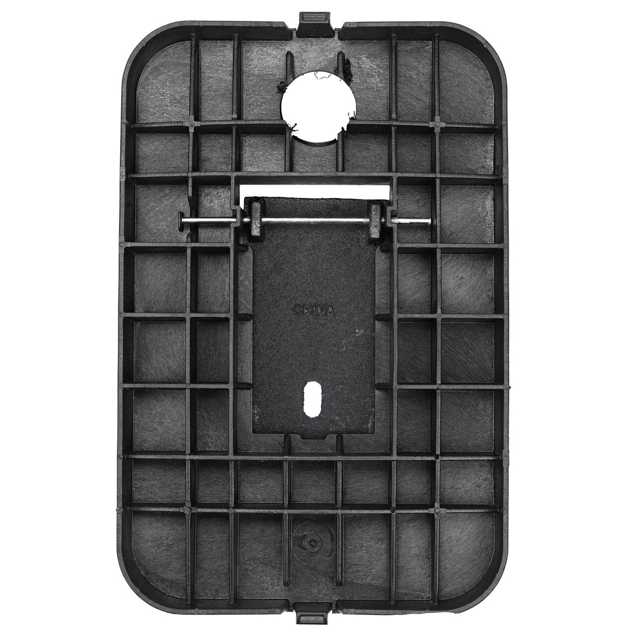 Top down view of the underside of the Black Water Meter cover (NDS D1200-DICIRTRL) for the NDS 14 in. X 19 in. Rectangular Standard Series meter box showing reinforcing ribs that help support pedestrian and lawn care equipment