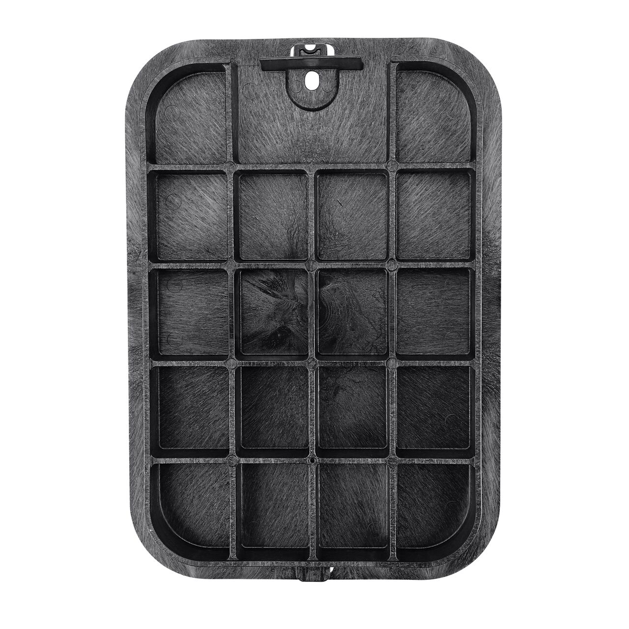 Top down view of the underside of the Black Irrigation Control Valve cover (NDS 313CBLK) for the NDS 14 in. X 19 in. Rectangular Pro-Spec® Series valve box showing reinforcing ribs that help support pedestrian and lawn care equipment