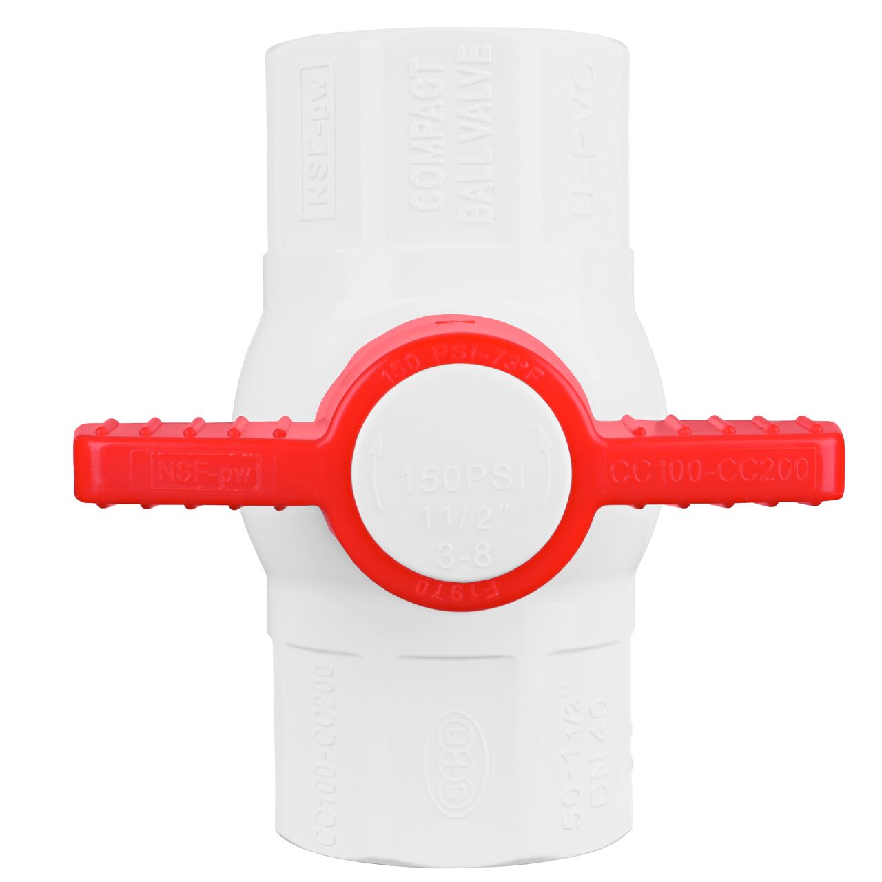 Closeup of the NDS IPS Ball Valve showing that the handle is made of durable PVC material perfect for irrigation or other pressurized system (NDS E1410-15)