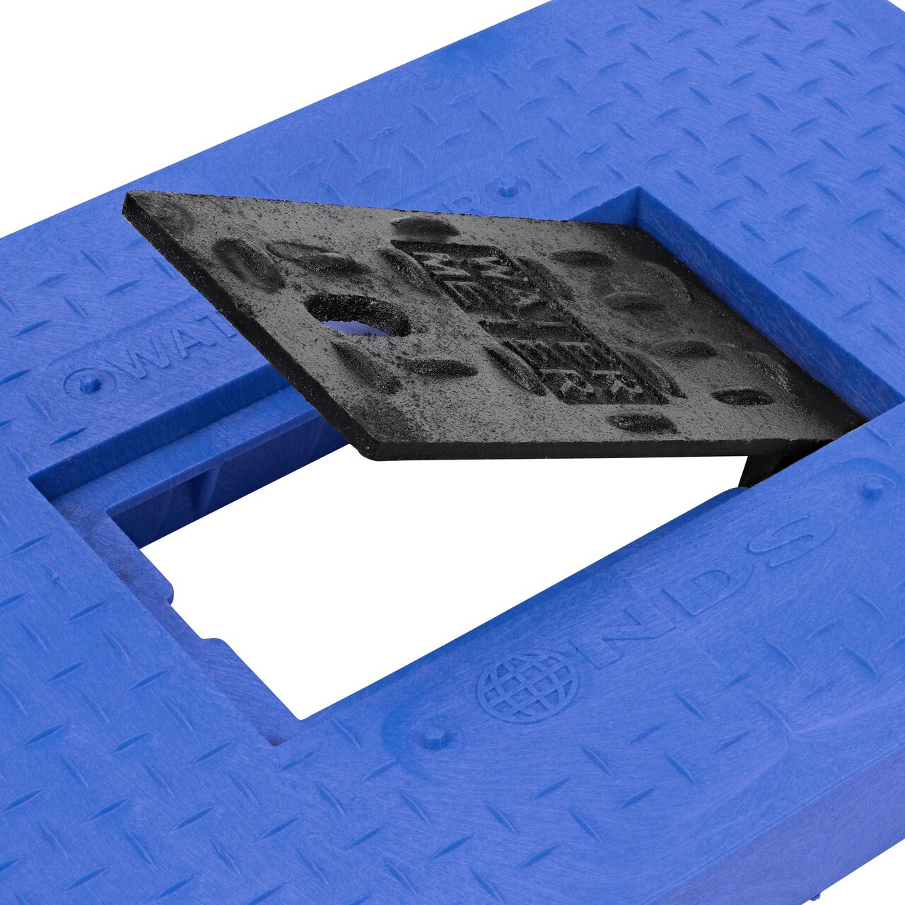 Closeup view of the Cast Iron reader door opened with the finger hole on the Blue Water Meter Drop-in cover (NDS D1200-DICIRBLUL) for the NDS 14 in. X 19 in. Rectangular Standard Series Meter Box