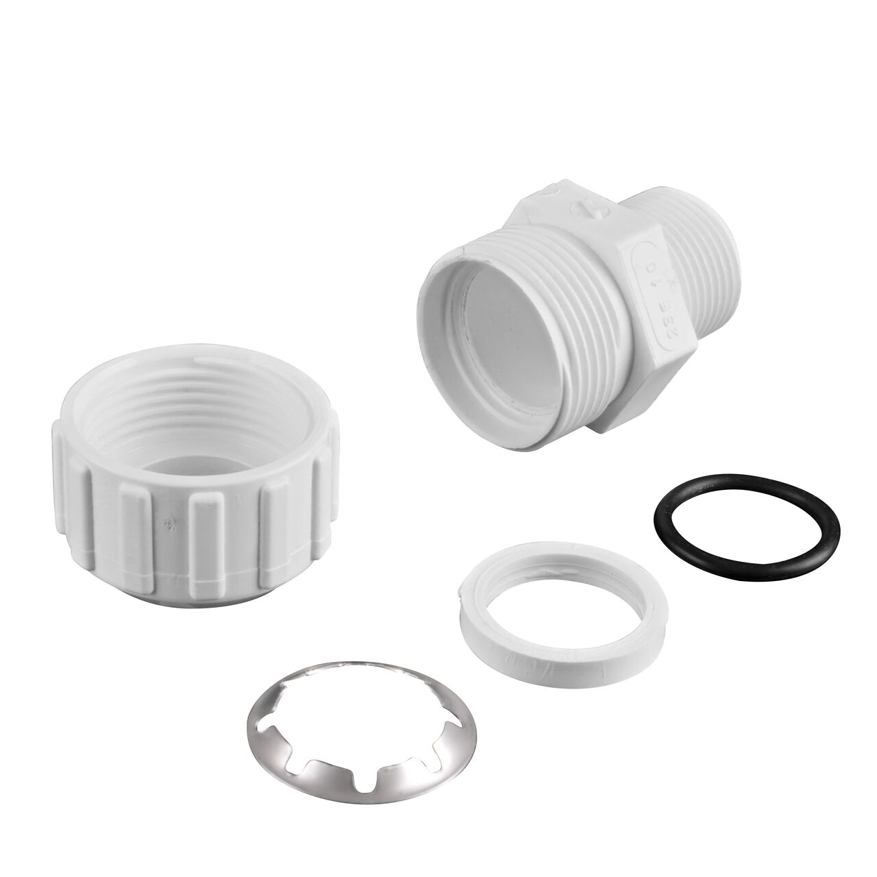 The NDS 1 in. CTS MPT Flo-Lock™ Gripper Adapter fully unassembled showing the steel gripper and EPDM O-Ring (NDS 235-10)