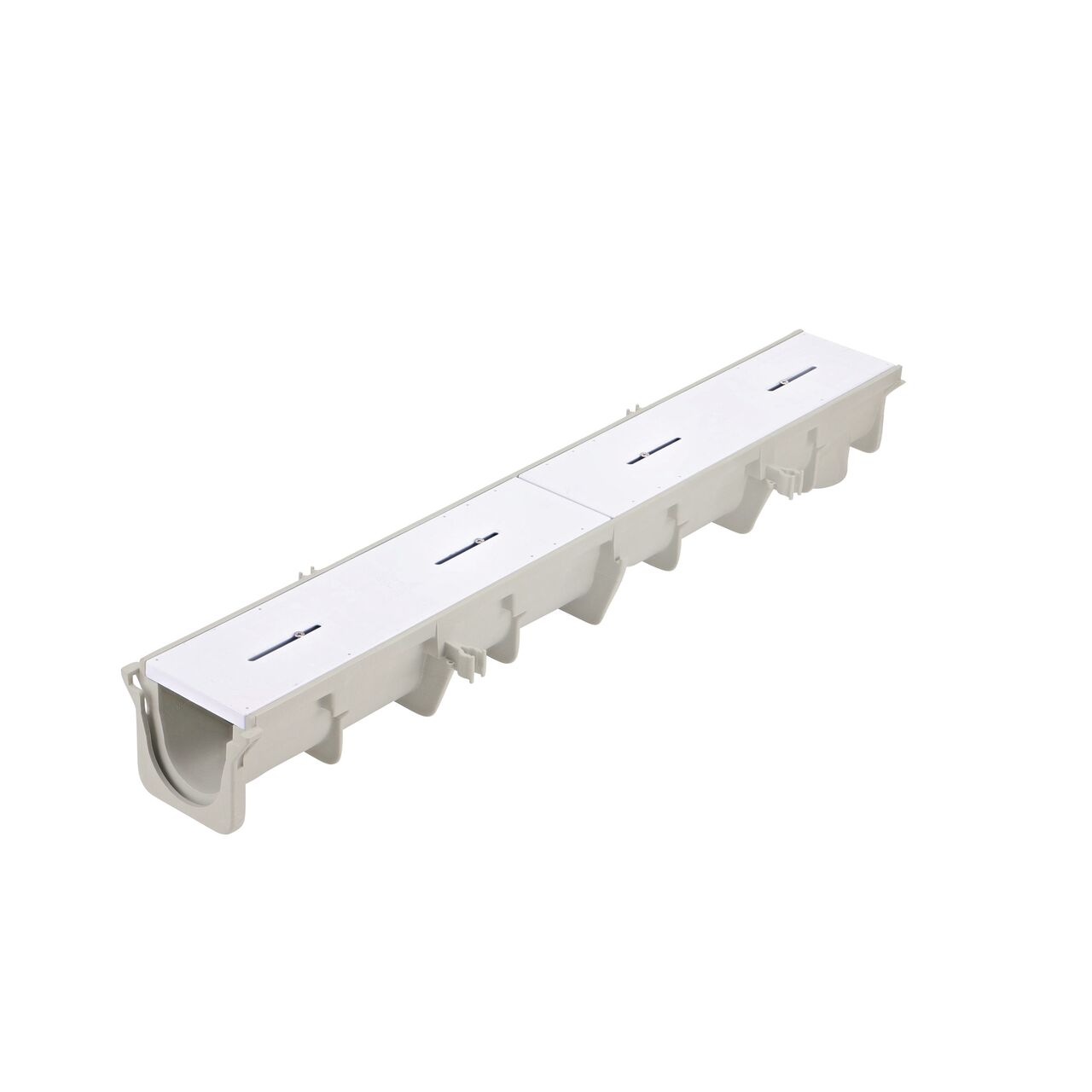 The NDS 4.34 in. Deep Neutral Dura Slope Channel Drain (NDS DS-103N) comes with a blank grate insert pre-installed that needs to be removed before use