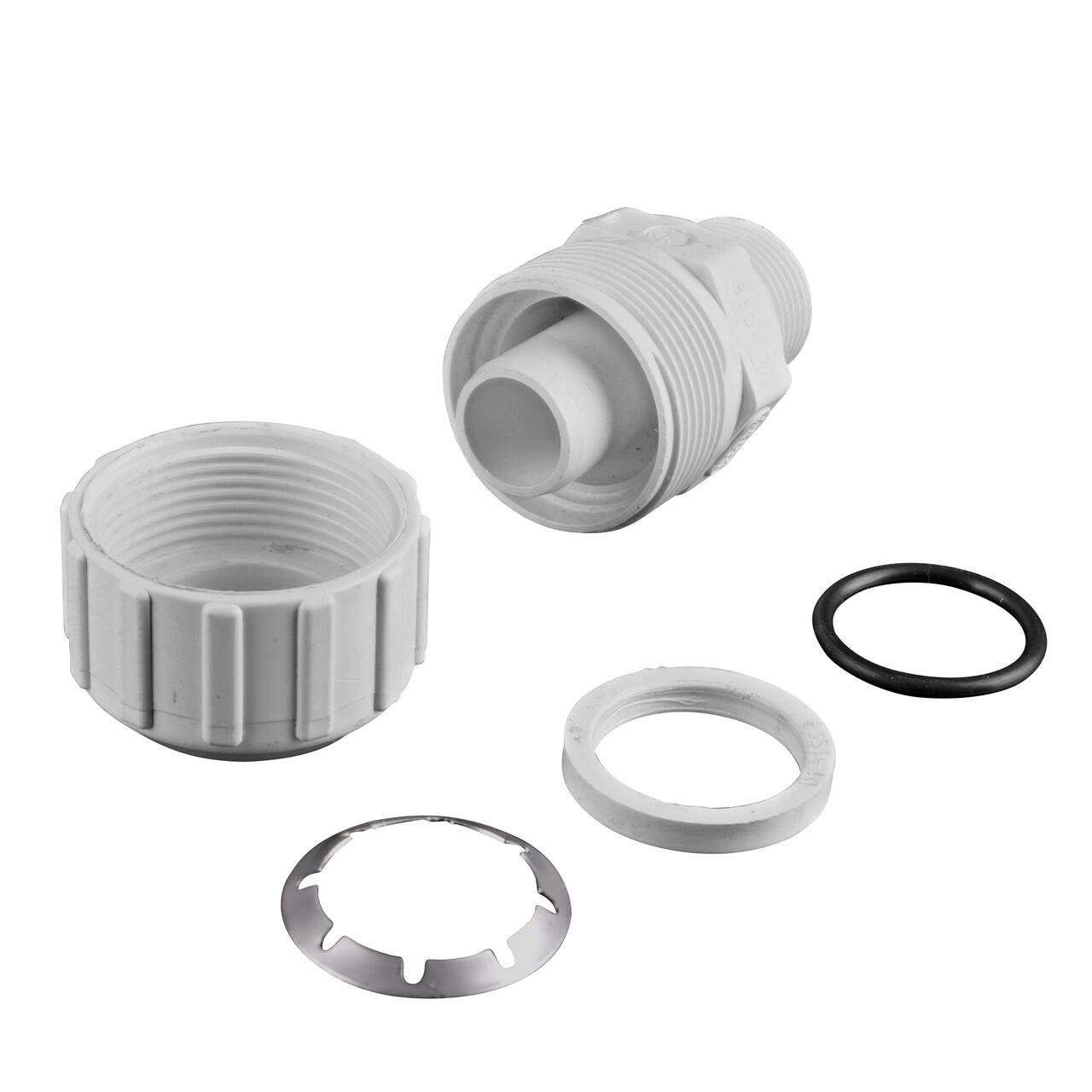 The NDS 1 in. SIDIR-7 MPT X 1 in. PE TS Flo-Lock™ Gripper Coupling for PE Pipe fully unassembled showing the steel gripper, EPDM O-Ring and stiffner (NDS 830-10)