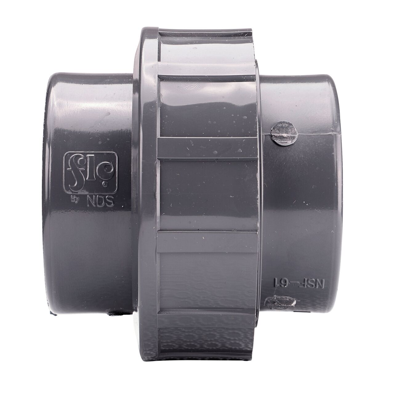 Side view of the NDS 2 in. PVC Union (NDS U-2000-T) shows both threaded ends and a pull-apart feature to quickly disconnect from pipes