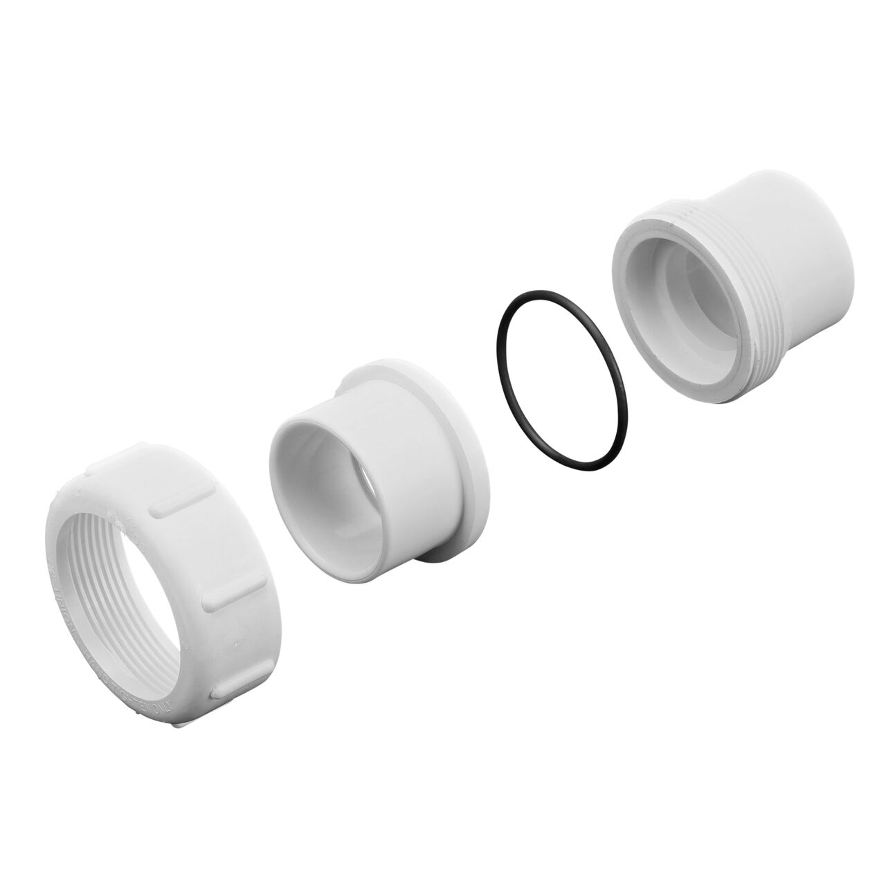PVC Union Adapter, 1-1/2 in. IPS S X Spigot (NDS 1600-15) unassembled showing the EPDM O-ring in the center of union adapter seals pipe connection point that provides a corrosion-free connection and prevents costly property damage