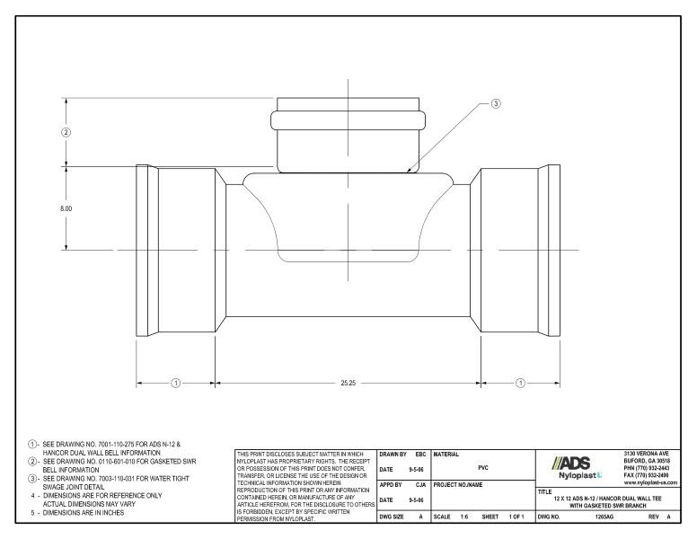12 x 12 N-12 Dual Wall Tee with Gasketed SWR Bell Nyloplast Detail