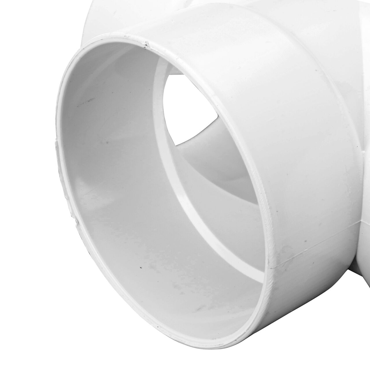 Closeup of one hub end of the NDS 3 in. PVC Sewer and Drain Tee (NDS 4P01*, NDS 4P01)