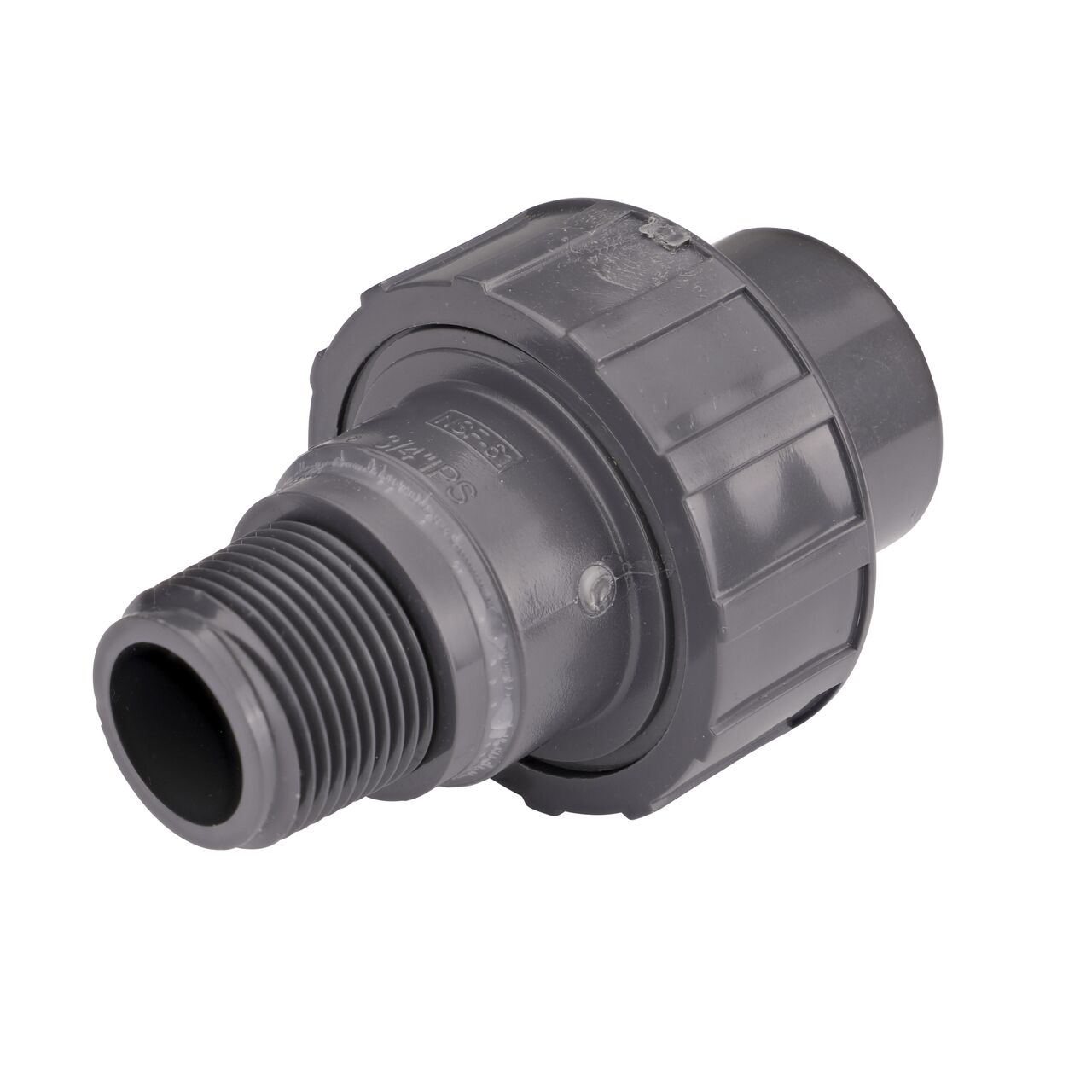 The NDS 3/4 in. PVC Union connects two 3/4 in. schedule 80 pipes with a slip end and a male threaded end to create a leak-resistant connection without the need for traditional glued sealant (NDS U-0750-SM)