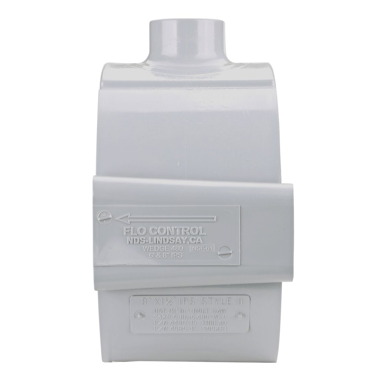 Side view showing patented wedge design in locked position on the NDS Clamp-It™ Rigid PVC Saddle with 1-1/2 in. slip connection on top (NDS 458015) for 8 in. PVC pipe