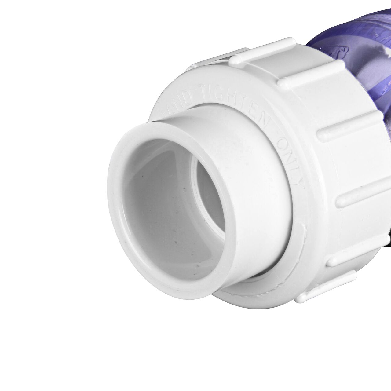 Closeup of the outlet end of the NDS Clear 1 in. slip end by slip end with 1/2 lb. spring PVC True Union Spring Check Valve (NDS 1700C10) which prevents backflow in pipelines