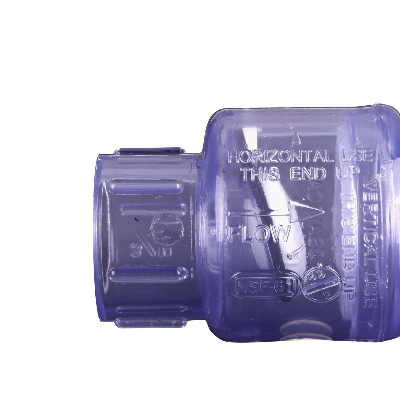 Closeup of the arrow showing water flow direction on the NDS Clear 3/4 in. slip end by slip end PVC Swing Check Valve (NDS 1520C07)
