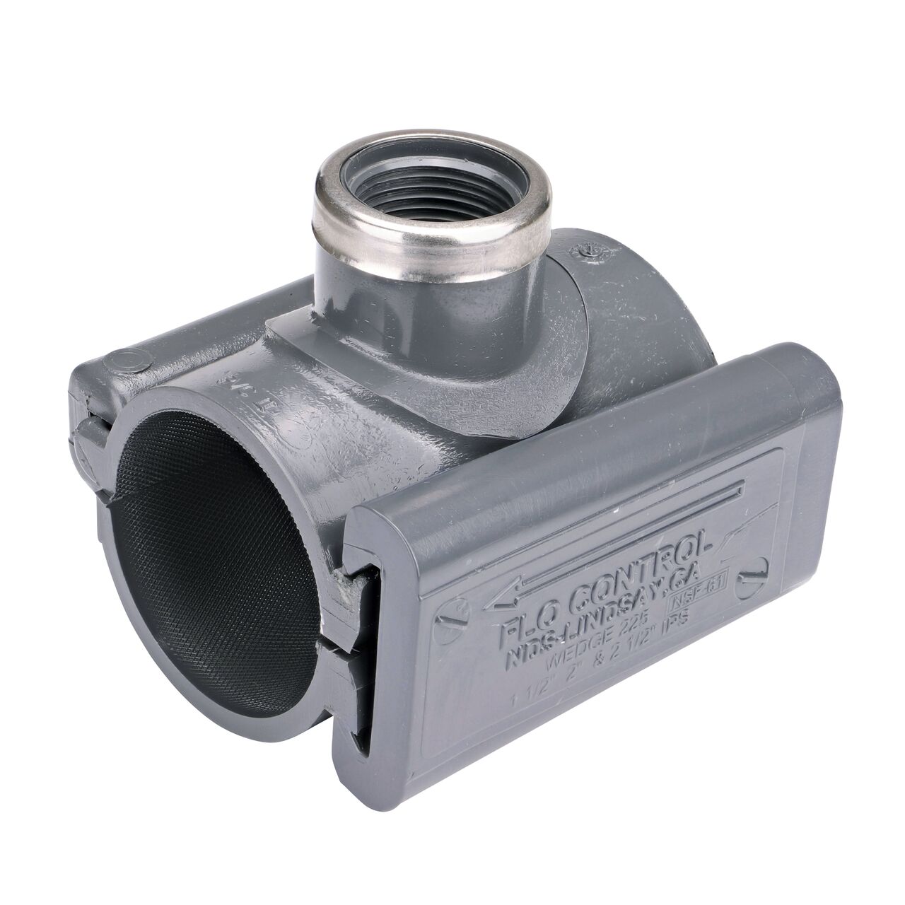 The NDS Clamp-It™ Rigid PVC Saddle with 1 in. FPT connection on top (NDS 422010) for 2 in. PVC pipe has a patented wedge design to install a sprinkler irrigation system to existing pipe without any bolts