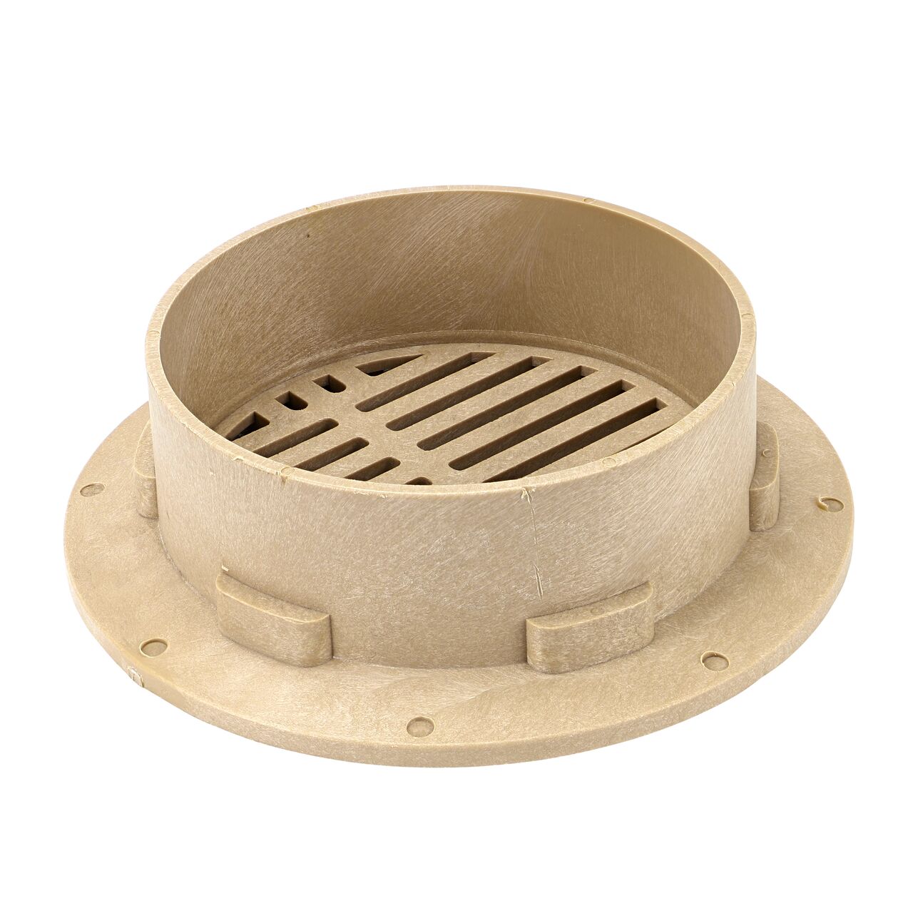 Side view of the NDS 8 in. Sand Round Pipe Drain Grate showing the pipe connection point where it fits 6 in. drain pipe and fittings (NDS 30S)