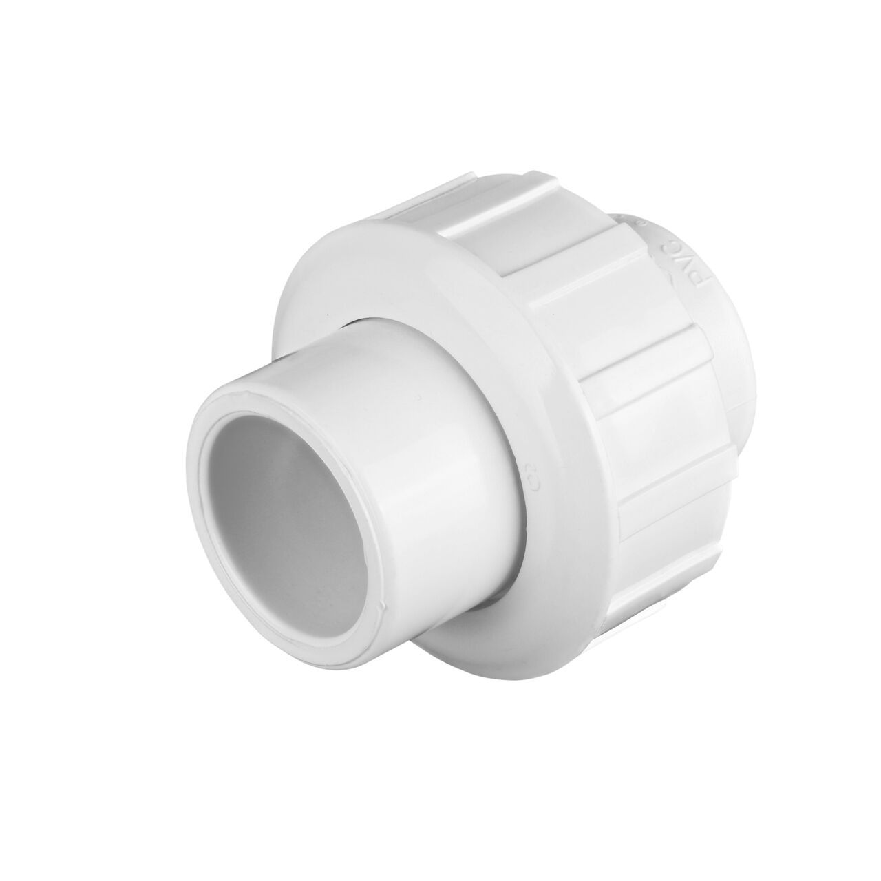 One end of the PVC Union, 3/4 in. Sch. 40 S X S which connects two 3/4 in. Sch. 40 pipes together to allow water to flow through while preventing leaks (NDS WU-0750-S)