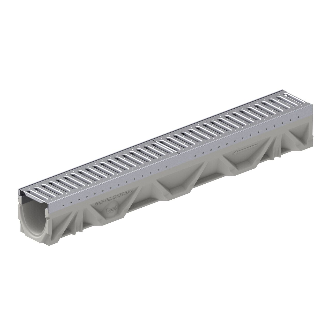 The female interlocking end of the BG-FILCOTEN® by NDS® tec V or E 100 Trench Channel Drain with two 1/2 miter metal grates with slotted design installed (NDS 10410200, NDS 17010207)