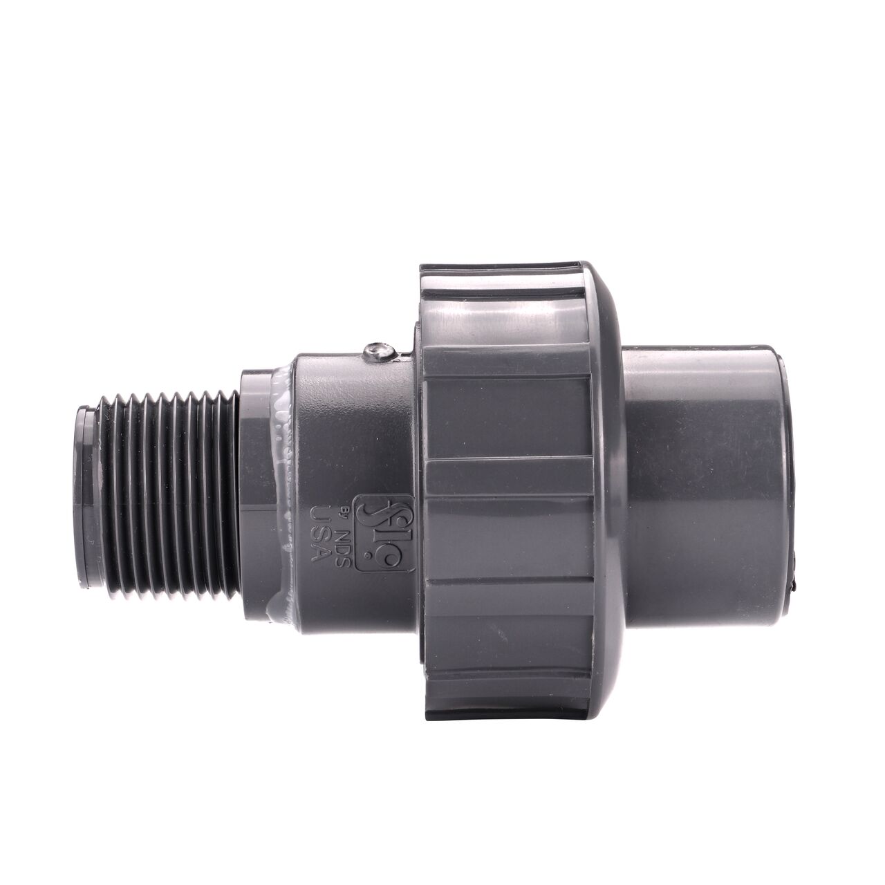 Side view of the NDS 3/4 in. PVC Union shows both ends and a pull-apart feature to quickly disconnect from pipes (NDS U-0750-SM)
