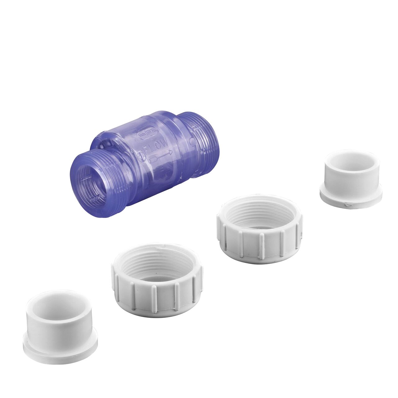Unassembled view of the NDS Clear 1 in. IPS U X U PVC True Union Swing Check Valve (NDS 1720C10) where ends unscrew to remove for maintenance