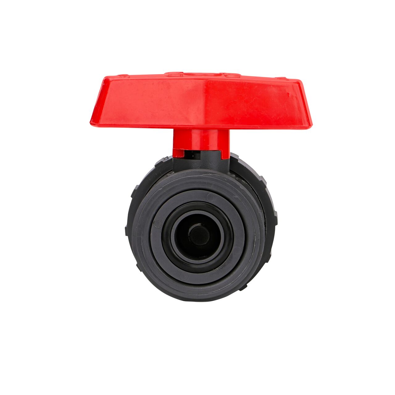 The The 3/4 in. PVC Slip & Threaded True Union Ball Valve (NDS BTU-0750-E) shown with the connection end removed with the handle in the closed position to show how ball valve provides a shut off point in the system