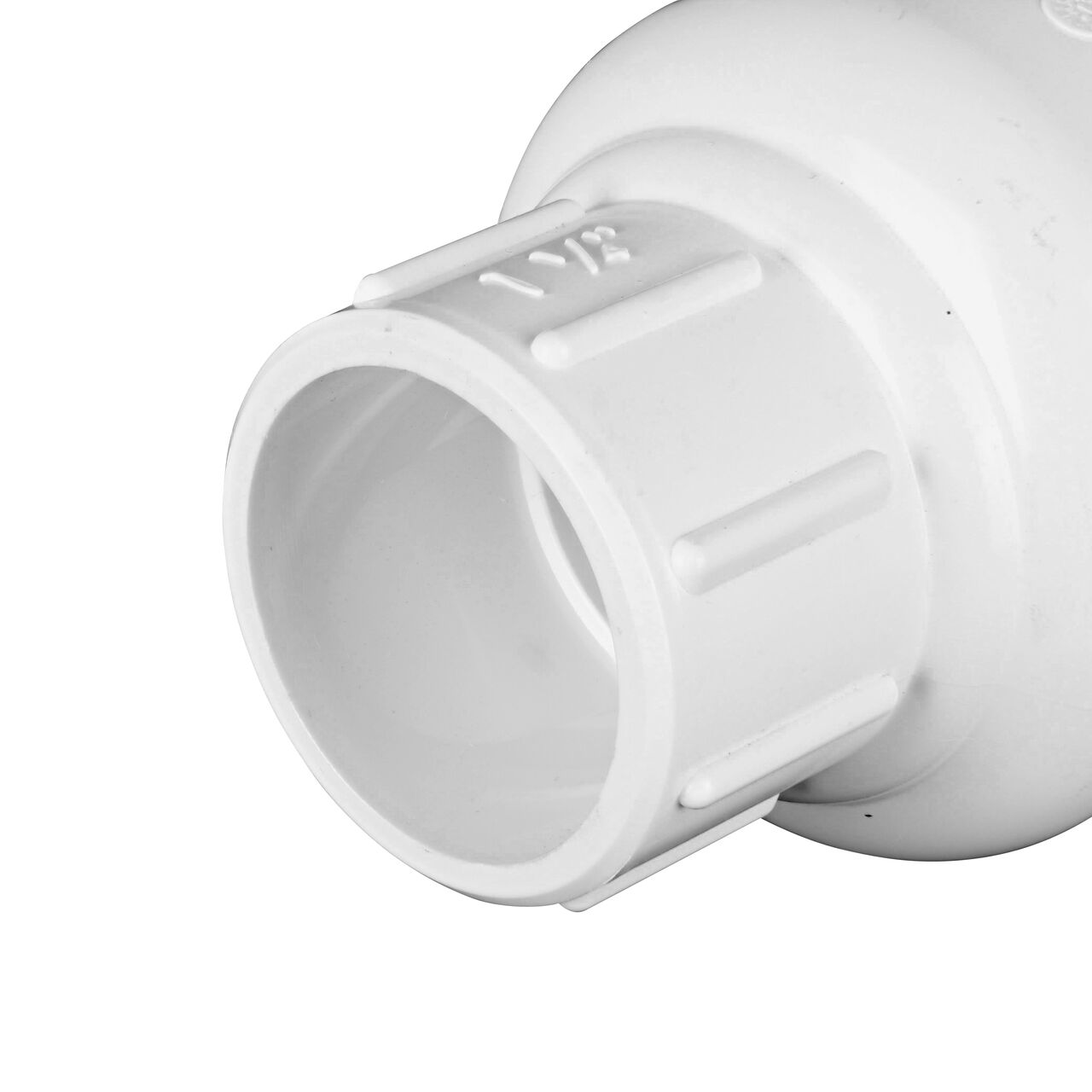 Closeup of the non-sloped end of the slip of the NDS White 1-1/4 in. slip end by slip end PVC Spring Check Valve (NDS 1011-12, NDS 1012-12)