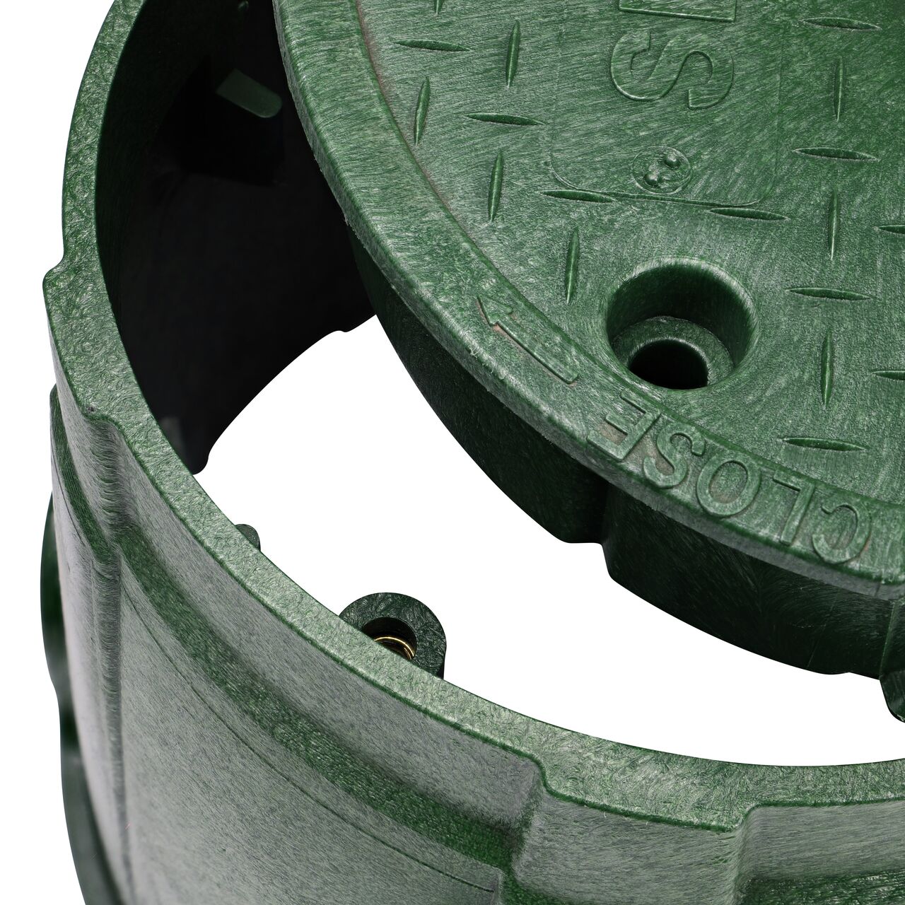 Align the bolt hole on the lid with the bolt hole from the NDS 10 in. Round Pro-Spec® Series Green Box and Green Sewer Cover (NDS 312BCS) for a secure fit