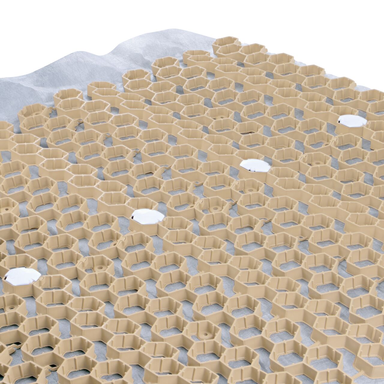 Use multiple White NDS EZ Marker™ Parking Delineators (NDS EZMARKER) in the Tan NDS EZ Roll® Gravel Pavers (NDS GP4X150T) to guide motorists