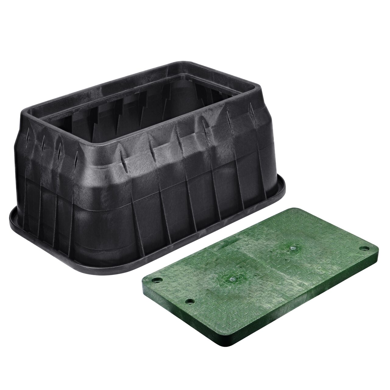 Unassembled View of the NDS 17 in. X 30 in. Black Rectangular Pro-Spec® Series valve box, bolts, and Green Irrigation Control Valve drop-in cover (NDS 326BCDB-BG)