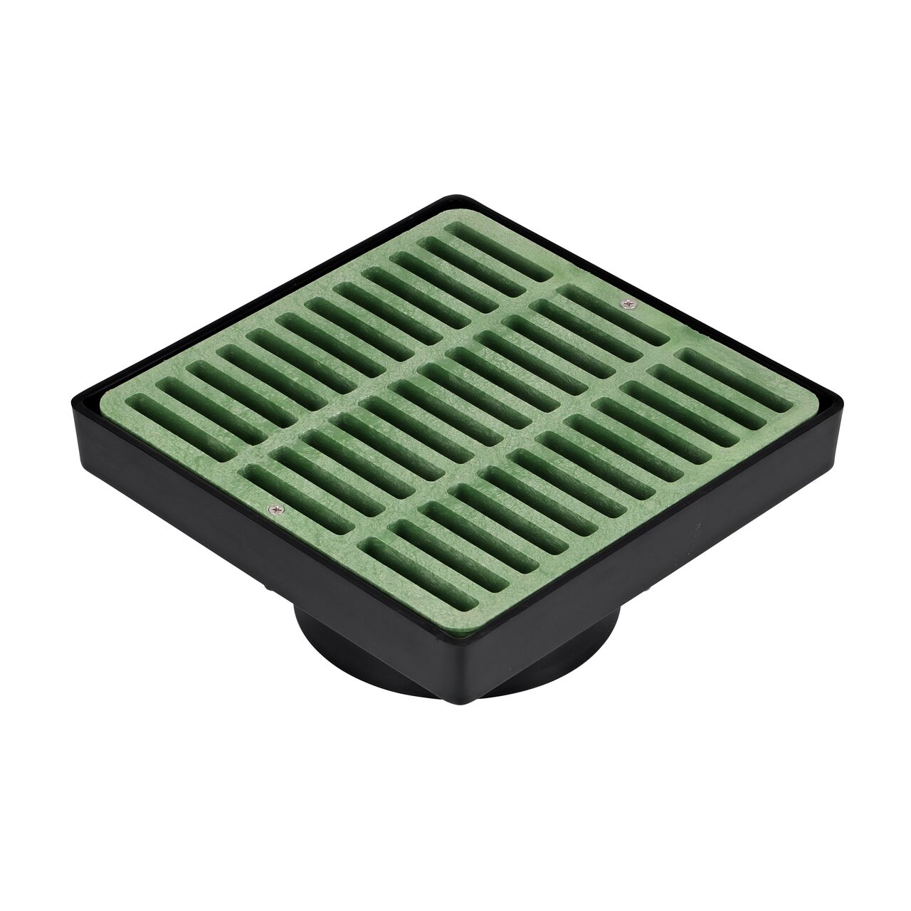 9 in. Square Low-Profile Adapter, Fits Spee-D® Catch Basin Drain & 6 in. Sewer and Drain Pipes & Fittings (NDS 932) with a 9 in. Square Catch Basin Drain Grate, Green Plastic (NDS 990) installed