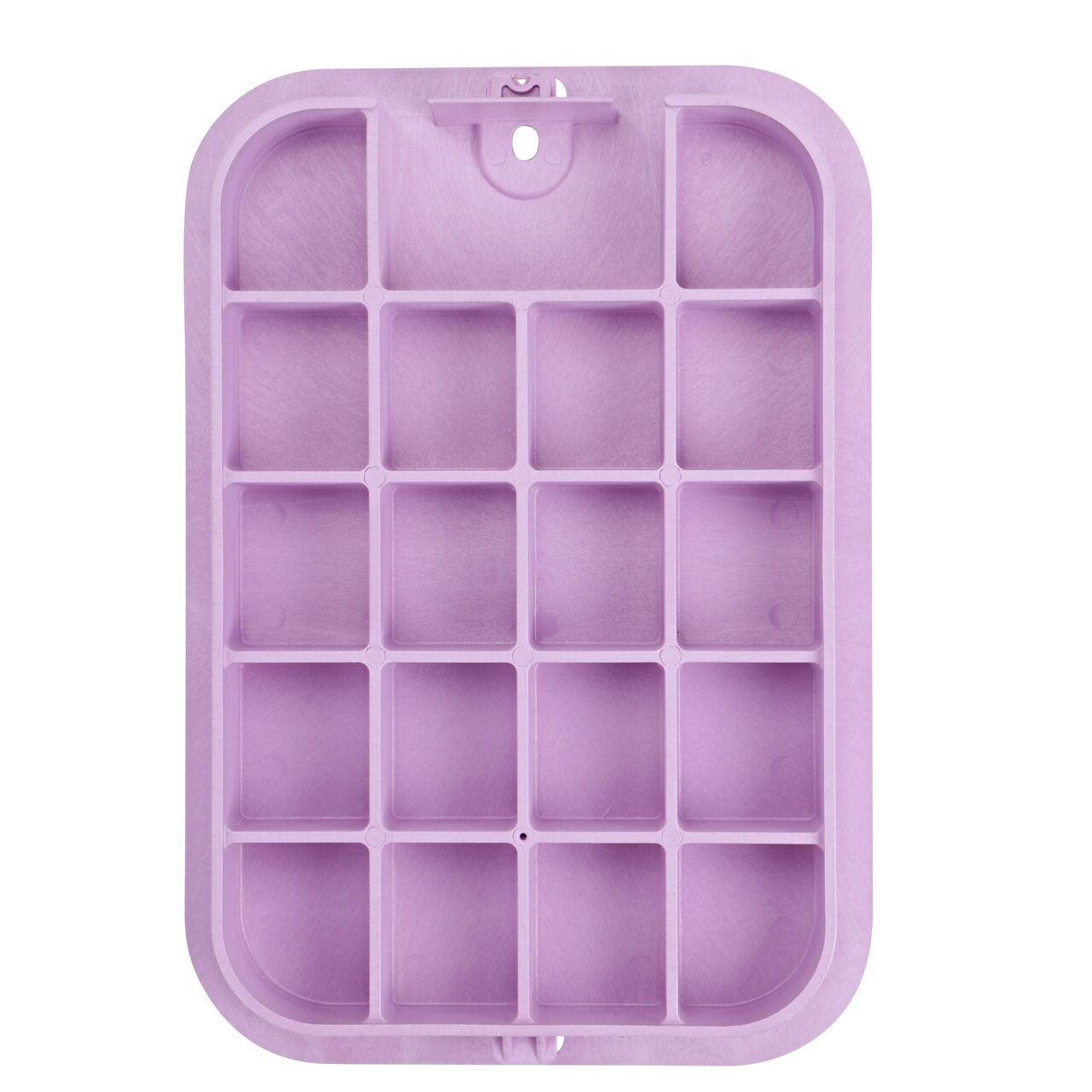 Top down view of the underside of the Purple Reclaimed Water cover (NDS 113CR) for the NDS 14 X 19 in. Rectangular Standard Series valve box showing reinforcing ribs that help support pedestrian and lawn care equipment