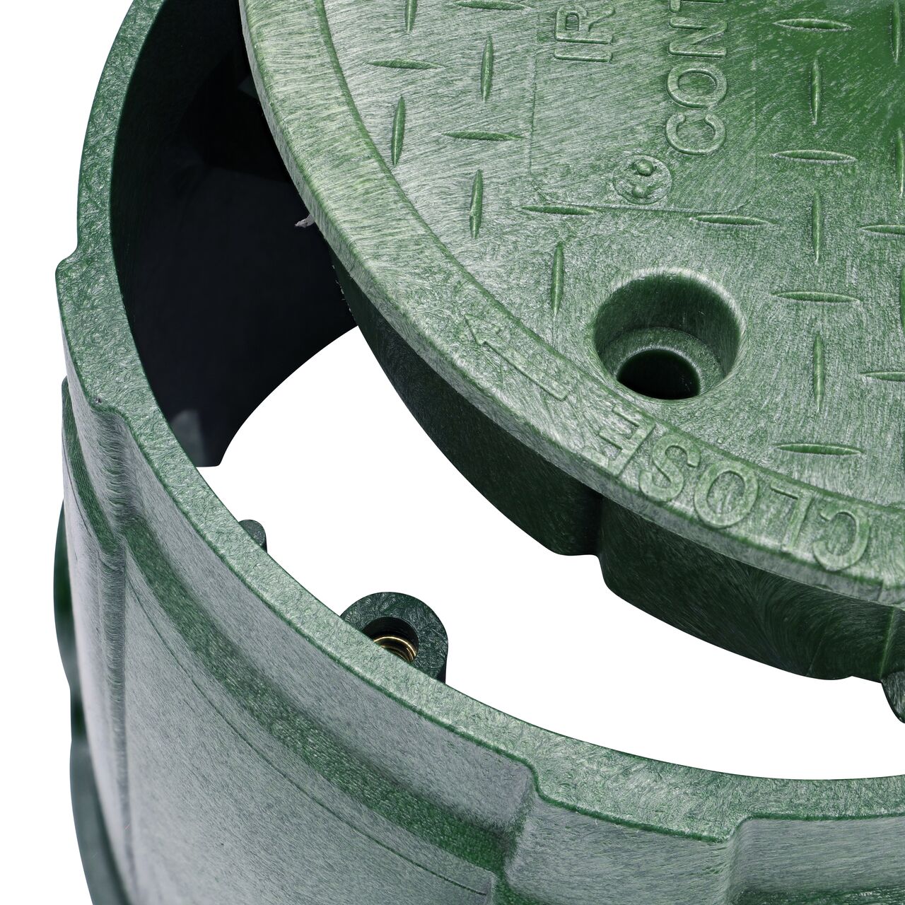 Align the bolt hole on the lid with the bolt hole from the NDS 10 in. Round Pro-Spec® Series Green Box and Green Irrigation Control Valve Cover (NDS 312BC) for a secure fit