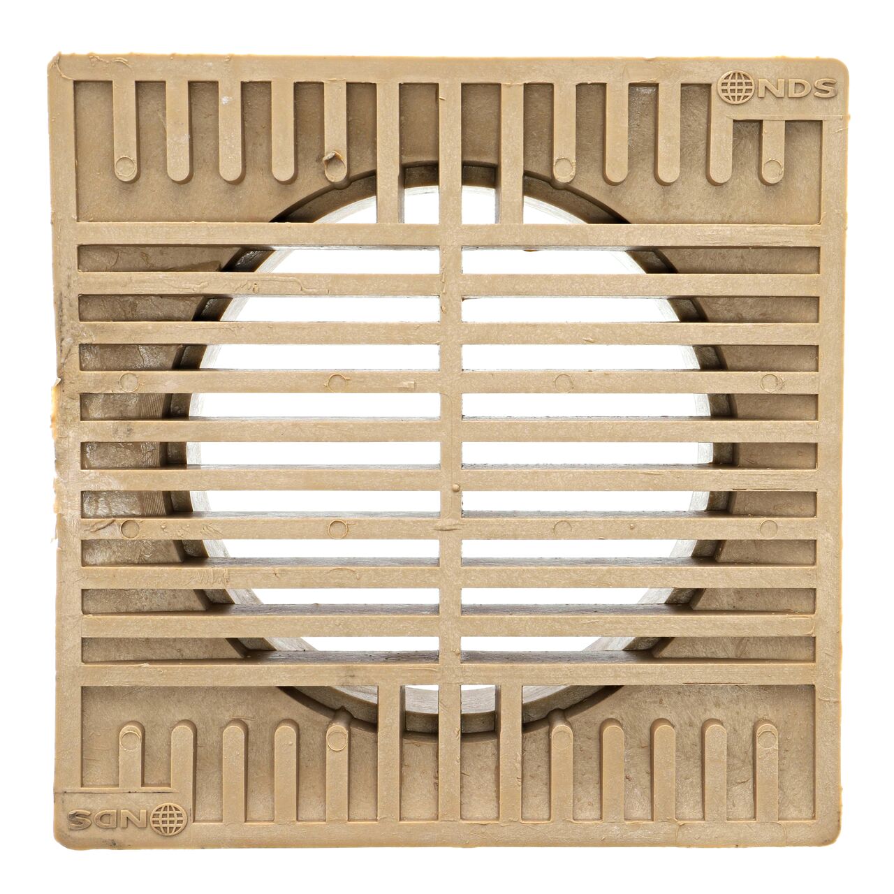 Top-down view of the NDS 8 in. Square Grate in Sand color plastic (NDS 883S)